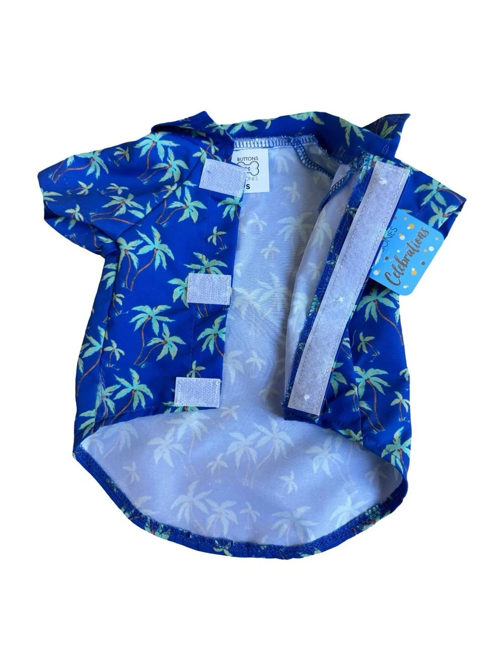 Buttons & Bones Blue Button Up & Velcro Tropical Print Dog Shirt Size Small NWT